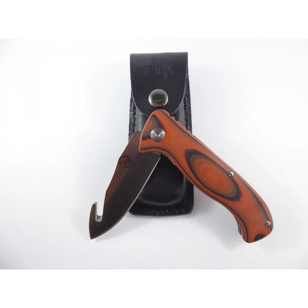 Tassie Tiger Knives Folding Gut Hook knife with Leather Pouch Kit Bag