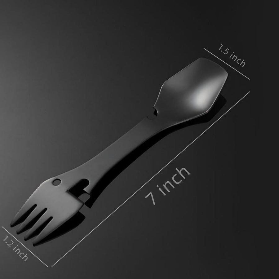 Recon GS2S 2 Pack 5-1 Spork Multi-Function Fork Spoon 5 in 1 Stainless Steel Spork, Fork & Knife, Can Opener Combo Utensil for, Travel, Hiking Colour Black