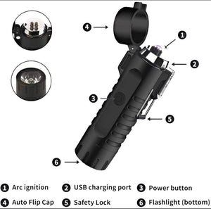 RECON GS2S Rechargeable Waterproof Dual Arc Plasma Lighter With LED Tri-Phase Flashlight