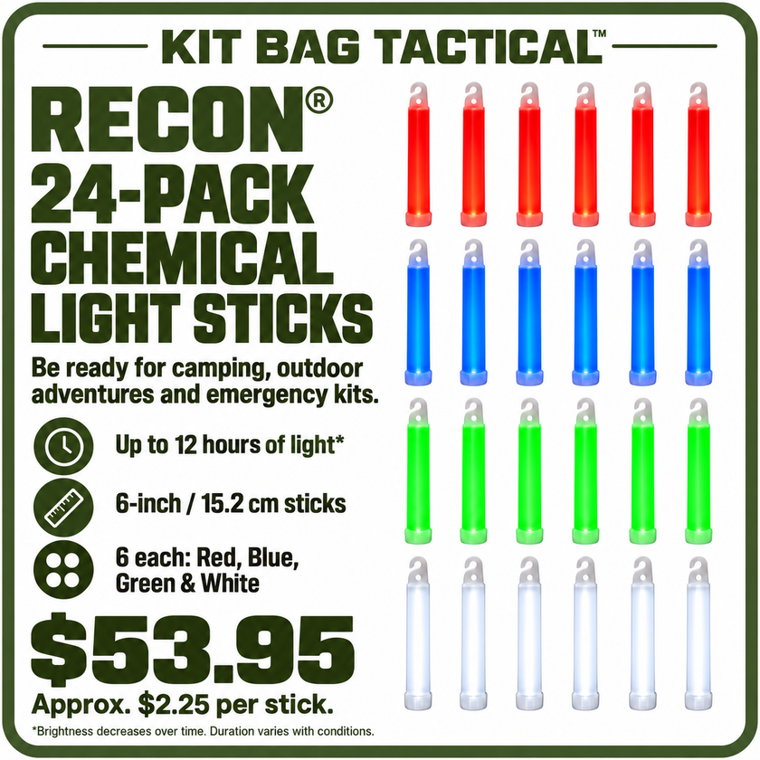 RECON® 24-Pack Chemical Light Sticks – 6-Inch Mixed Colour Bundle
