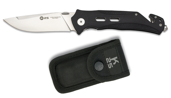 Tungsten folding knife with seat belt cutter and window smasher by K25 knife co