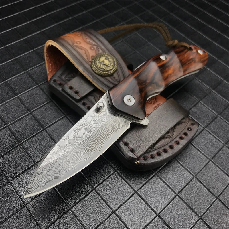 RECON GS2U EDC Red sandalwood handle Damascus Steel Blade hunting survival knife