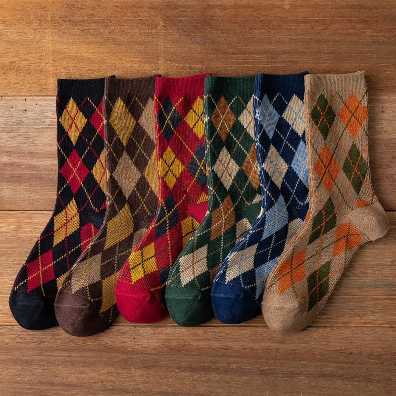 Vintage Retro Plaid Tartan style Cotton Rich Socks (6 Pack) Unisex
