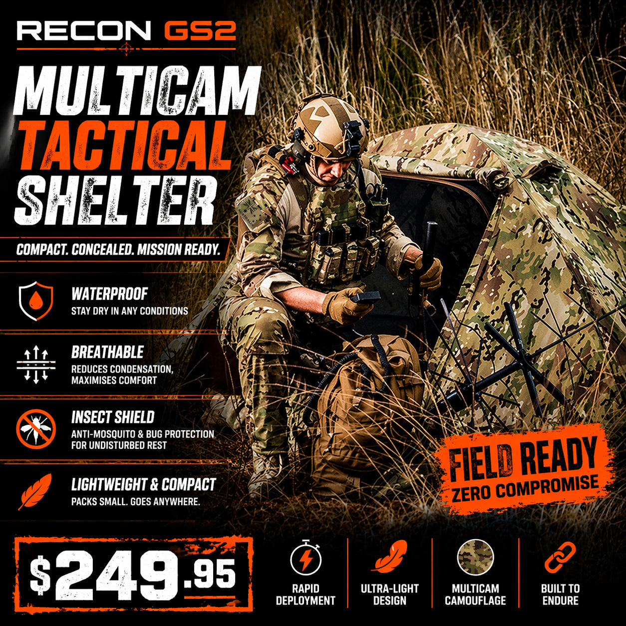 RECON GS2 TRD Multi Cam Tactical Compact Shelter-Waterproof, Breathable with Anti Mosquito Fly