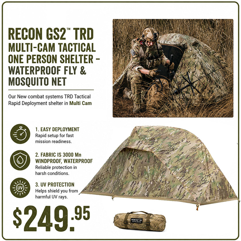 RECON GS2™ TRD Multi-Cam Tactical One Person Shelter – Waterproof Fly & Mosquito Net