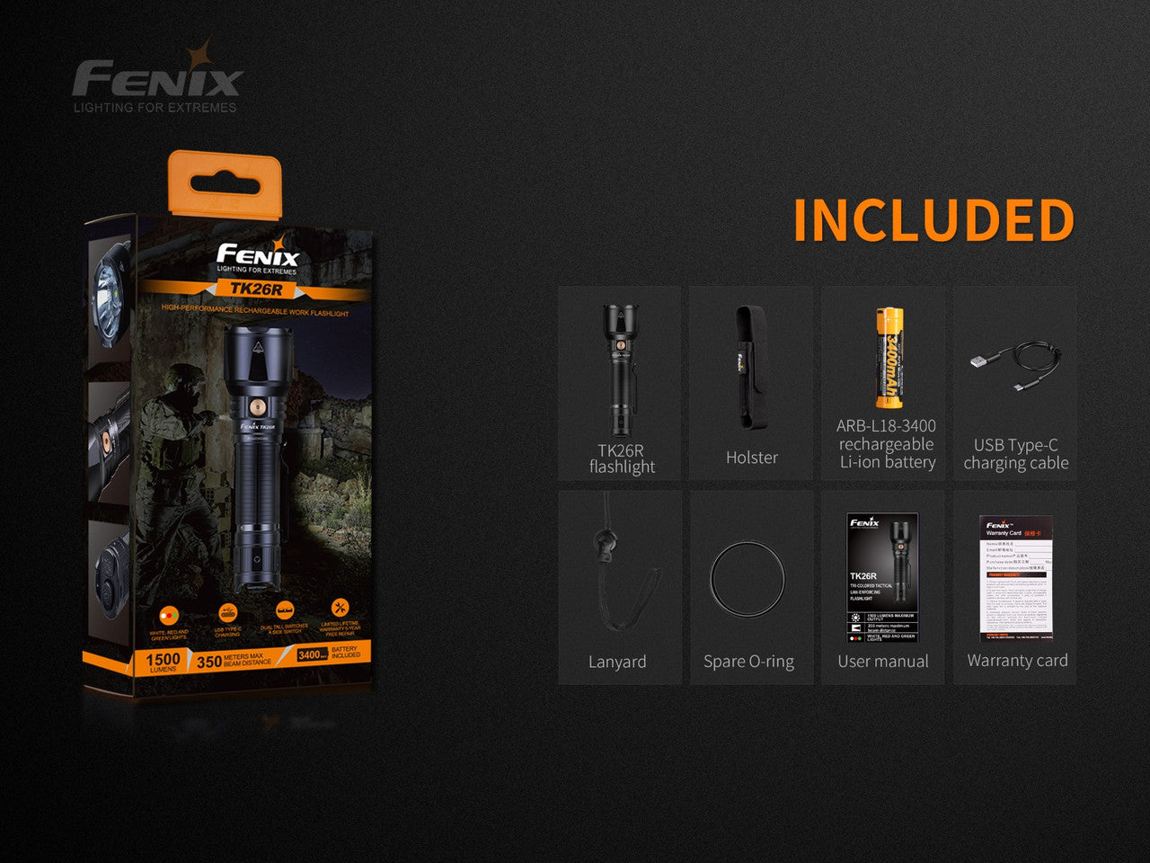 Fenix TK26R Tri-coloured 1500 lumen rechargeable tactical LED torch, Red, Green, White