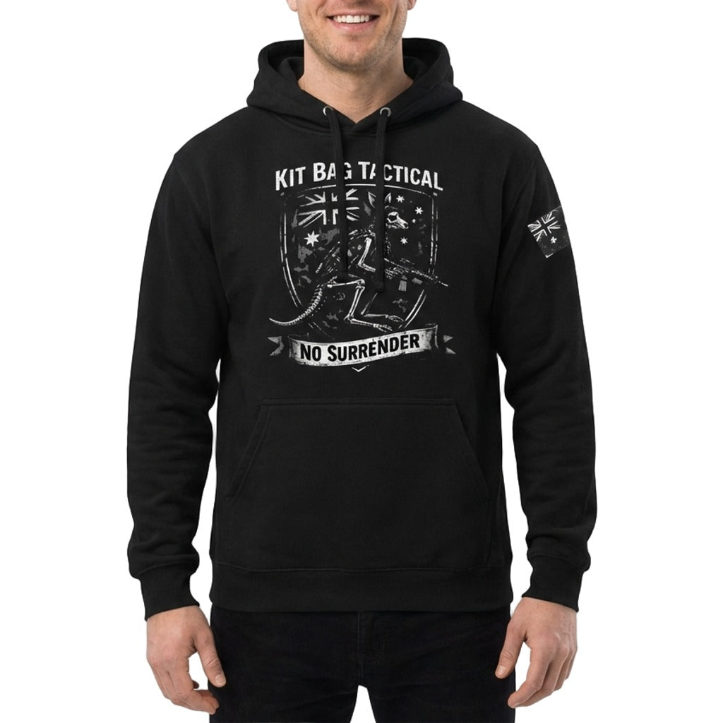 Recon Kit Bag Lined Hood Fleecy "No Surrender" Hoodie Black Front Contrast with Pockets
