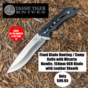 Tassie Tiger Fixed Blade Hunting / Camp Knife with Micarta Handle, 158mm 9CR Blade with Leather Sheath - Kit Bag Perth