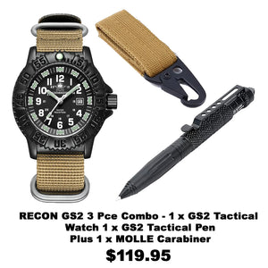 RECON GS2U Tactical Rotatable Bezel Watch, NATO Band PLUS Tactical Pen & MOLLE Hook Set