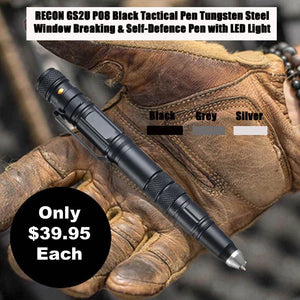 RECON  GS2U P08  Black Tactical Pen Tungsten Steel Window Breaking & Self-Defence Pen with LED Light