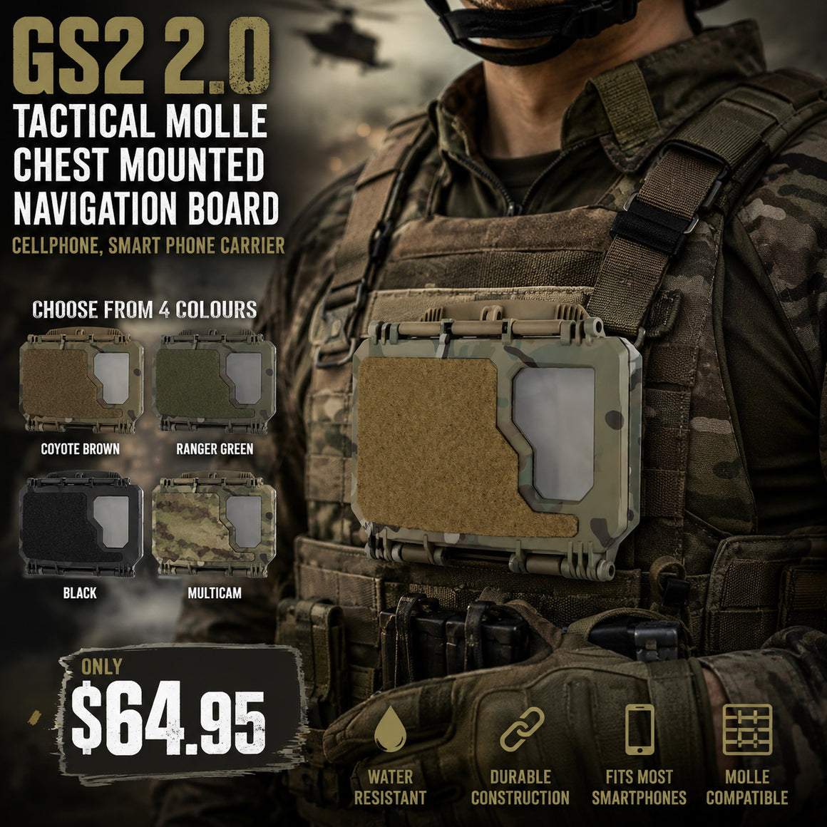 RECON GS2 2.0 Tactical MOLLE Chest Mounted Navigation Board Cellphone, Smart Phone carrier