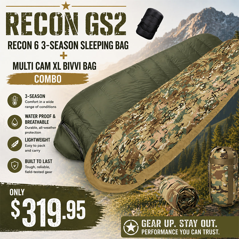 RECON GS2 Recon 6  3 season sleeping bag plus multi cam  XL Bivvi Bag combo