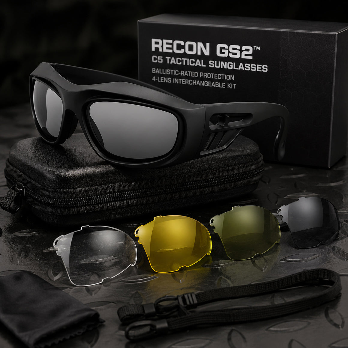 RECON GS2™ C5 Ballistic-Rated Tactical Sunglasses – 4-Lens Interchangeable Kit with Polarised Lens