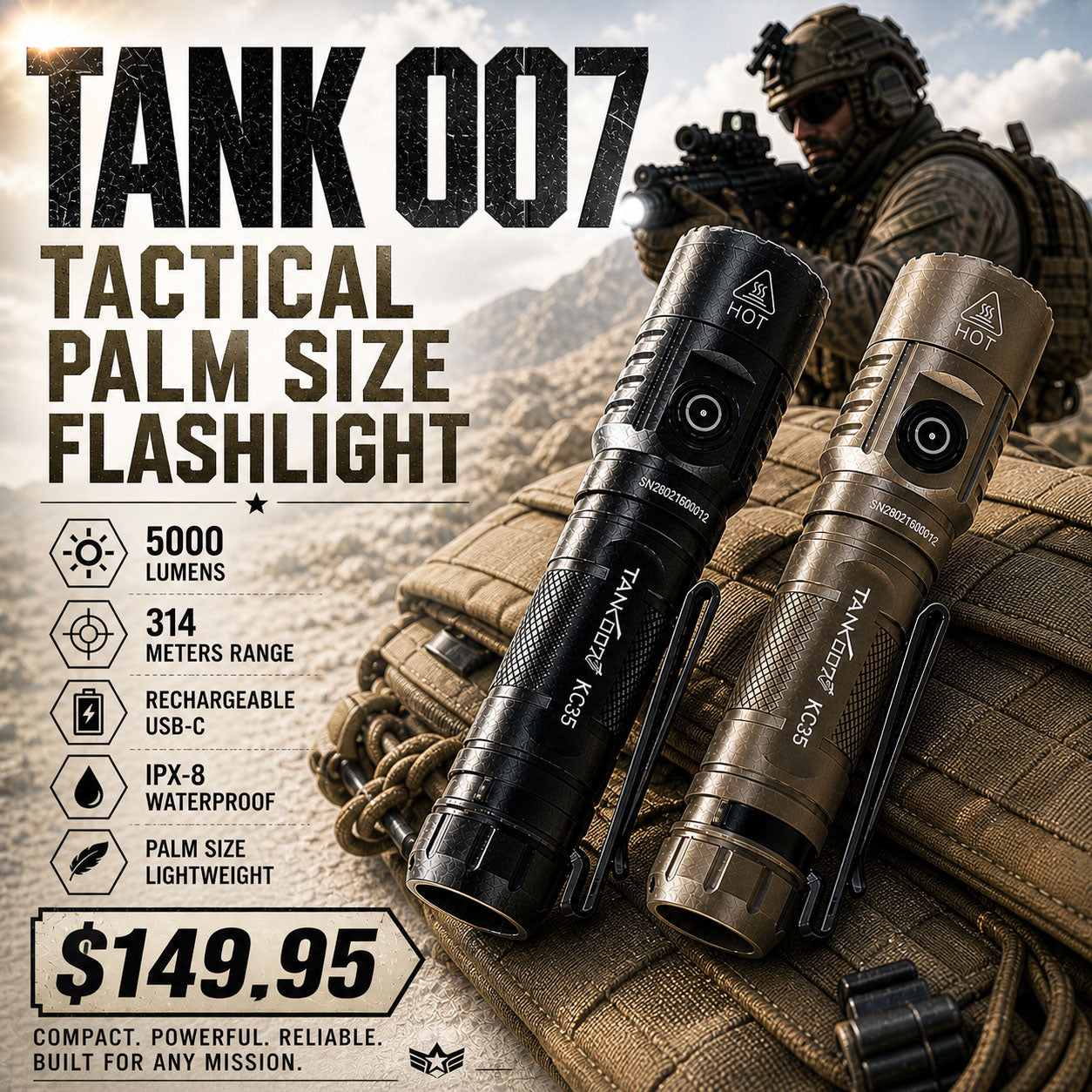 RECON GS2  TANK007 5000 Lumens Compact Tactical Rechargeable LED Flashlight