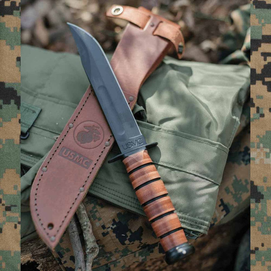 KA-BAR 1217 Full Size USMC Fighting Knife 7" Plain Blade, Leather Handles, Leather Sheath