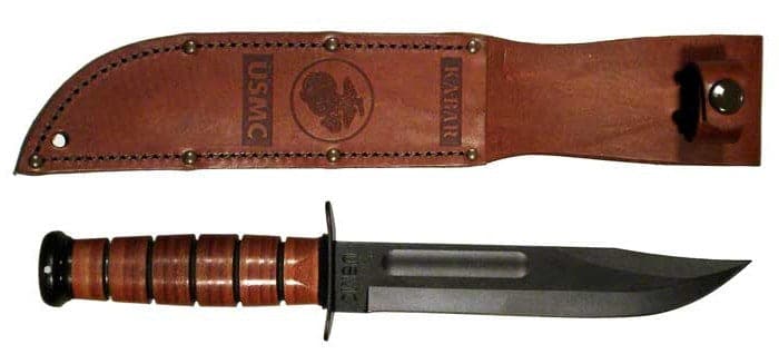KA-BAR 1217 Full Size USMC Fighting Knife 7" Plain Blade, Leather Handles, Leather Sheath