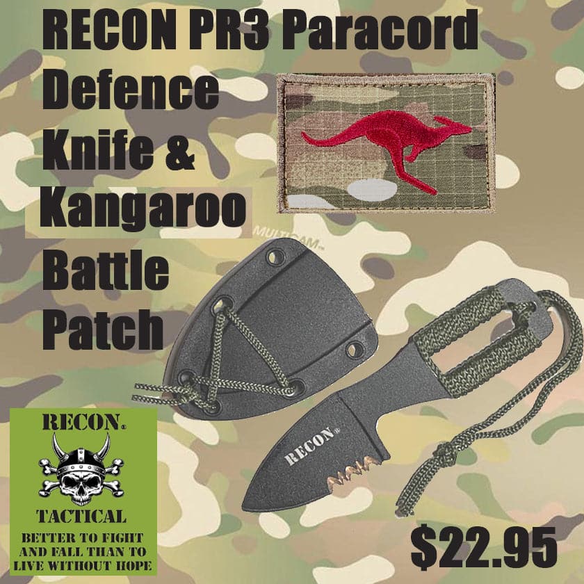 RECON PR3 Paracord Defence Knife & Kangaroo Battle Patch combo