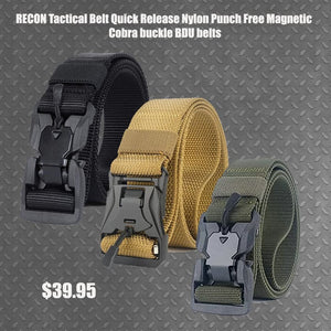Recon 125cm Punch Free Magnetic cobra buckle BDU belt new, Tactical Belt Quick Release Nylon  - Black
