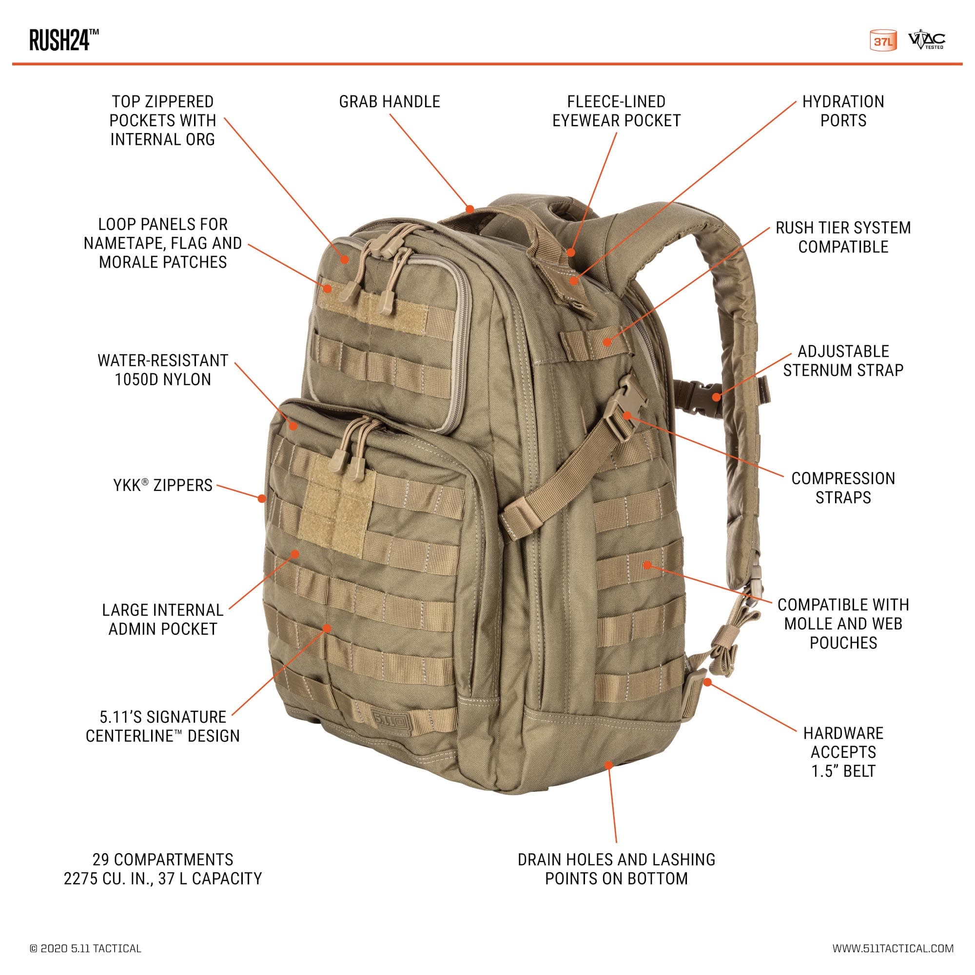 5.11 Tactical Rush24 2.0 Backpack 37L Pack Kangaroo