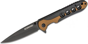 Schrade Ultra-Glide Flipper Folding Knife 3.5″ Black Oxide Drop Point Blade, Slim Tan/Black G10 Handles – 1121084