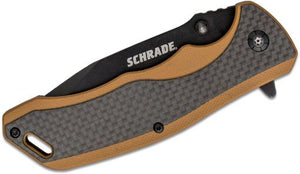 Schrade Ultra-Glide Flipper Knife 3.3″ Black Oxide Clip Point Blade, Tan G10 and Carbon Fiber Handles – 1121082